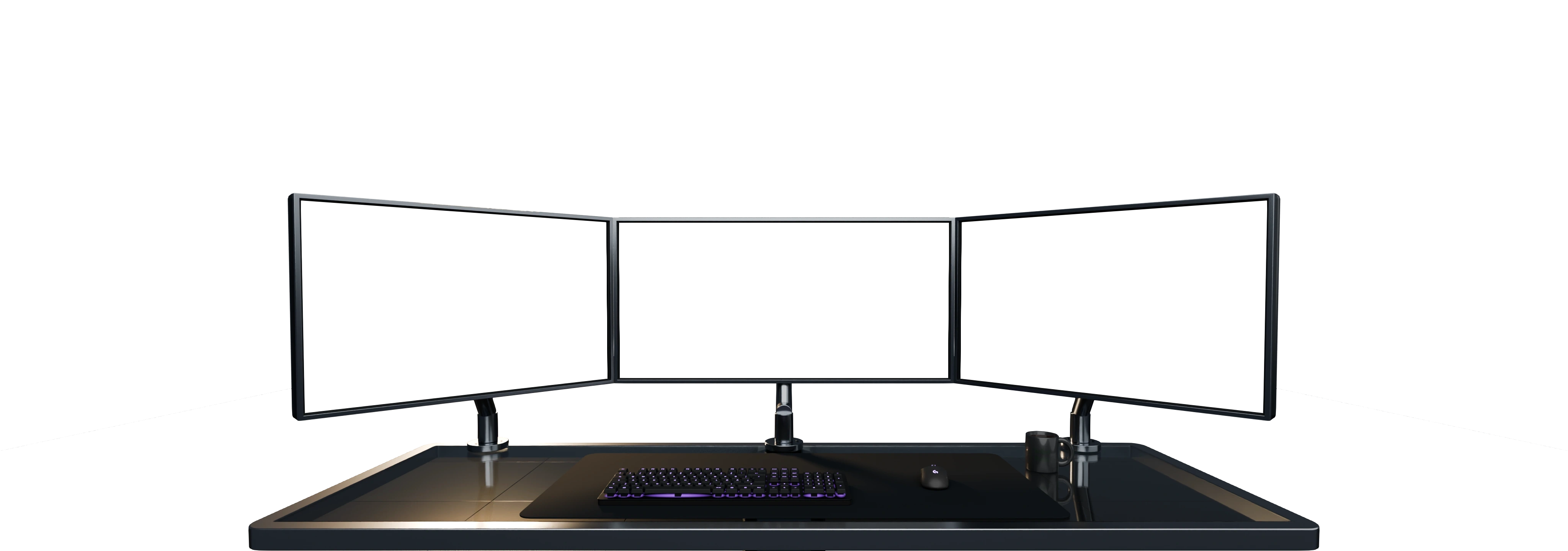 Räumlich abgestimmter Rauchglas-Schreibtisch mit drei eingedrehten Monitoren, Tastatur und Maus